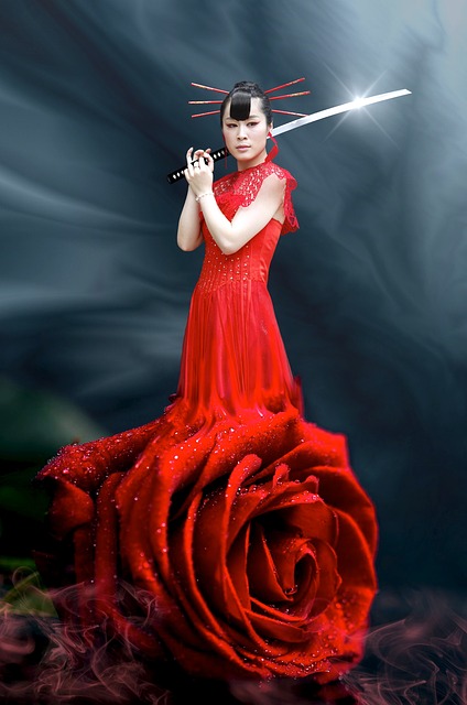 woman red with sword